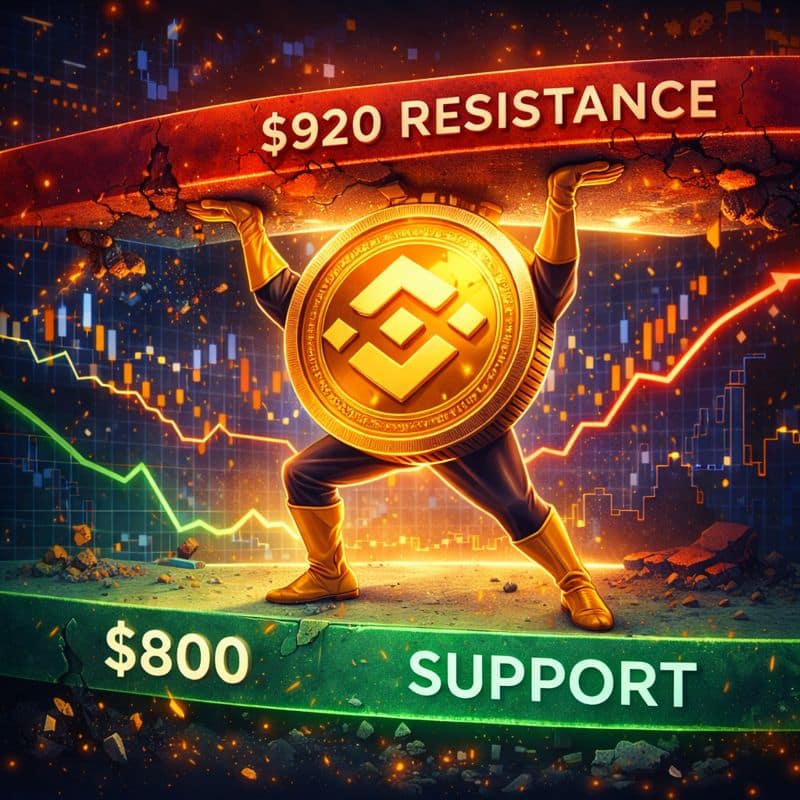 BNB coin with price chart showing support at $800 and resistance near $920