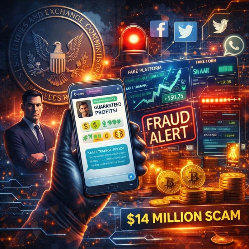 SEC crackdown illustration showing investigation of a $14 million crypto fraud scheme