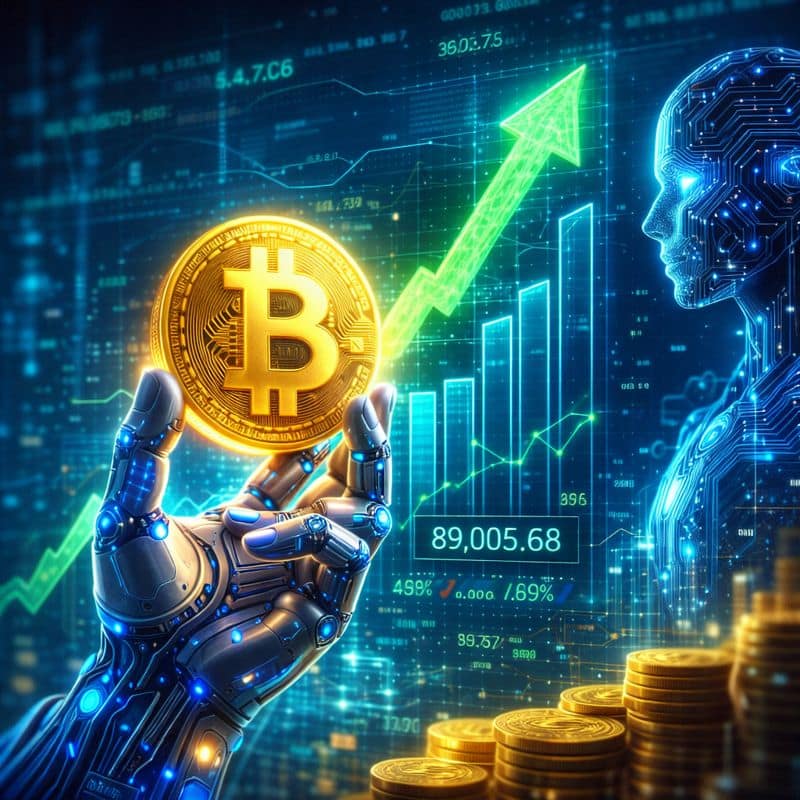 AI-powered digital illustration showing a robotic hand holding a glowing Bitcoin symbol with rising price charts and a futuristic AI figure, representing Bitcoin value growth.