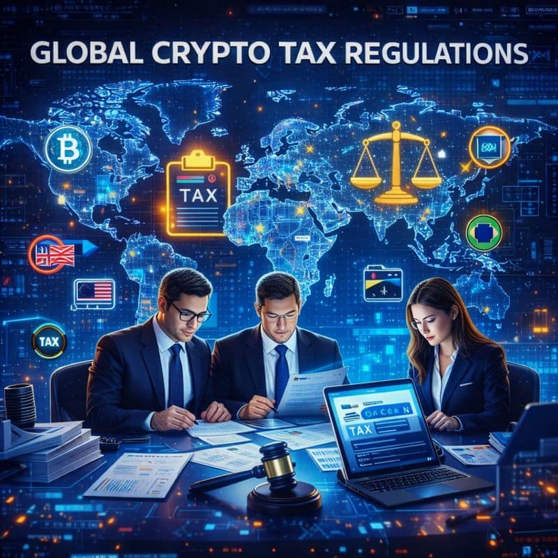 A futuristic newsroom illustration showing digital tax data, global connections, and cryptocurrency icons representing worldwide crypto tax regulations.