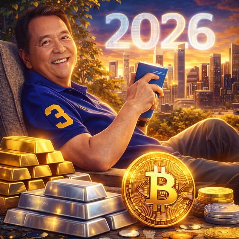 Illustration of Robert Kiyosaki discussing 2026 investment opportunities in gold, silver, Bitcoin, and assets.