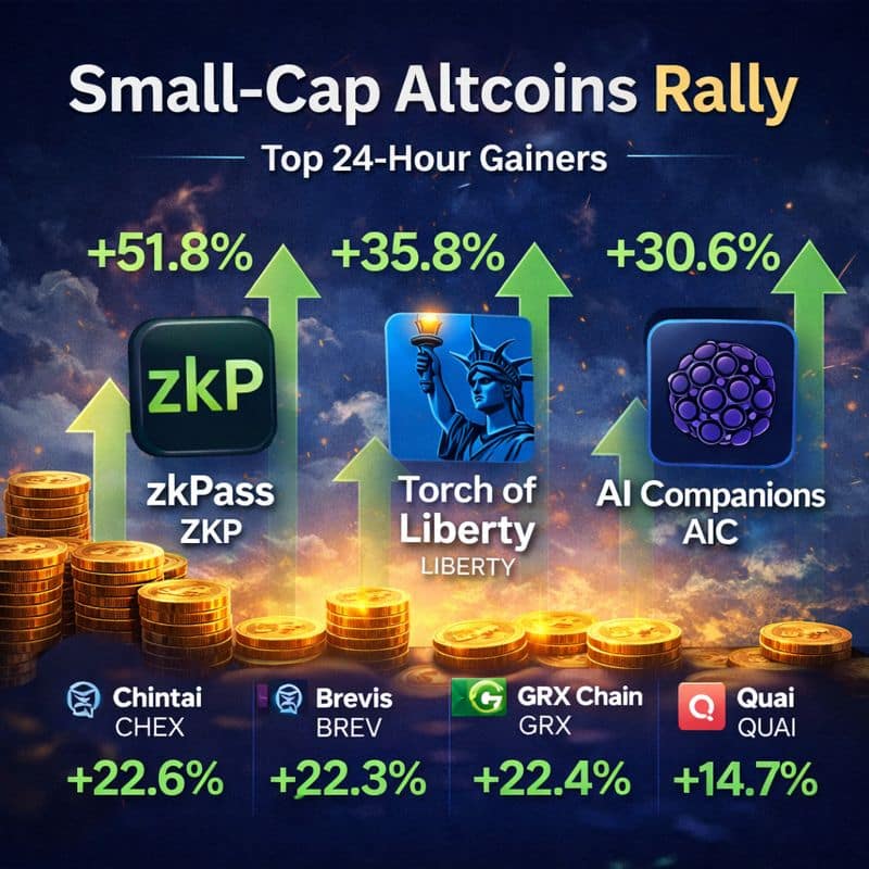 Digital infographic showing multiple emerging altcoins posting strong 24-hour price gains, highlighting rising trading activity and investor interest in small-cap cryptocurrencies.