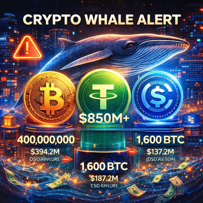 Crypto whale alert showing large BTC, USDT, and USDC transfers across exchanges